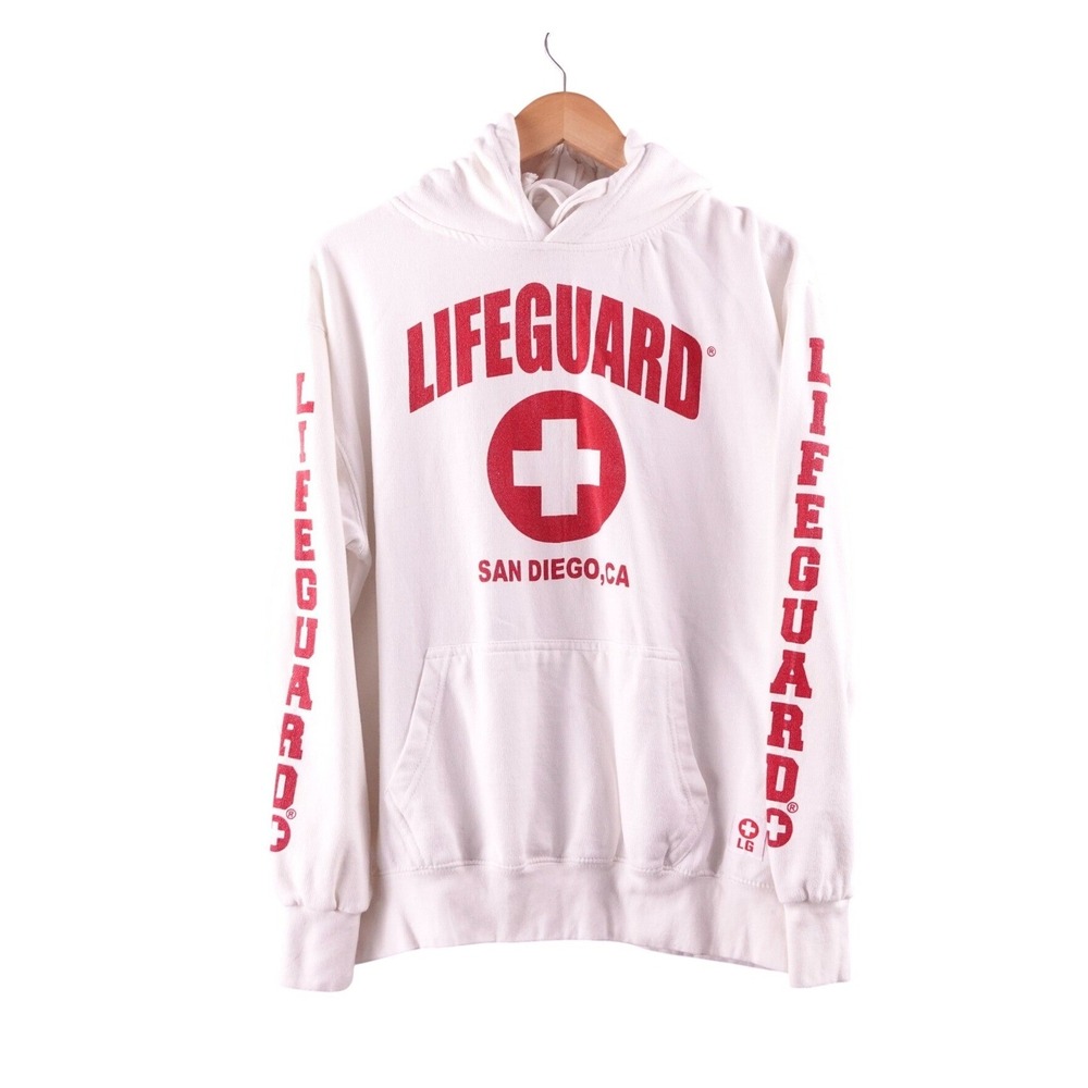 Lifeguard San Diego CA Graphic Hoodie‎ Sweatshirt White Red Womens Size Medium